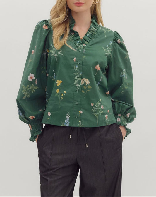 Happy Thoughts Floral Smocked Long Sleeve Top - Hunter Green