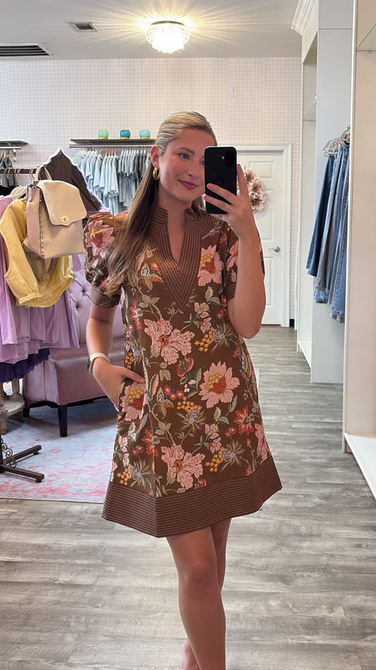 Here to Stay Floral Puff Sleeve Dress - Brown