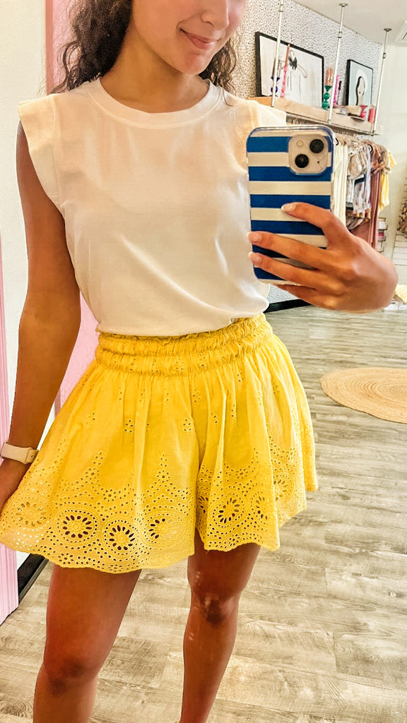Easy and Effortless High Waist Medallion Eyelet Hem Shorts - Lemon