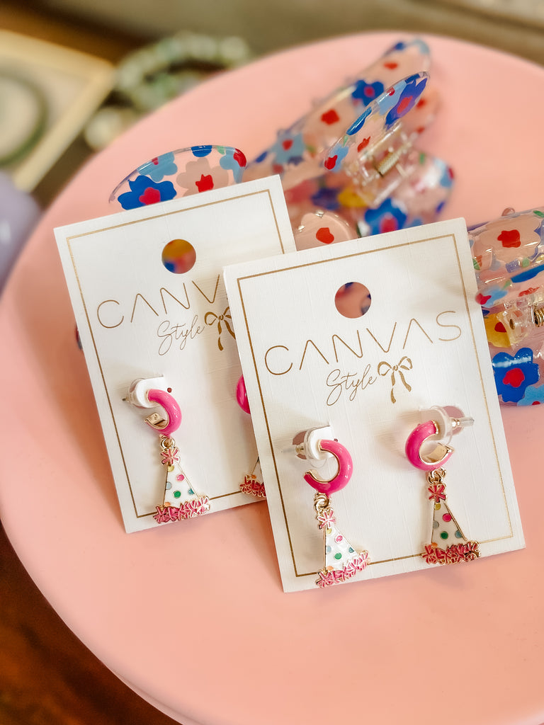 Polka Dot Enamel Party Hat Huggie Hoop Earrings - Pink