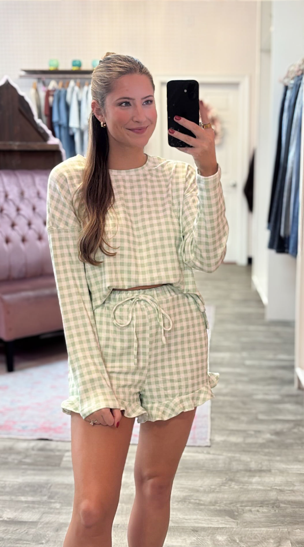 Pretty In Plaid Ruffle PJ Short Set - Light Green
