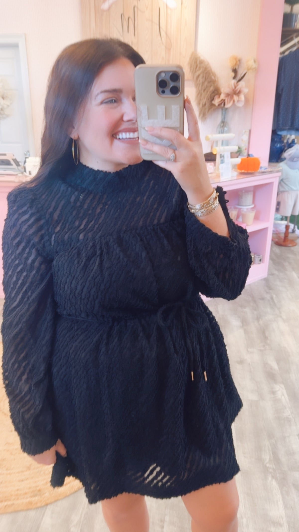 Holly Tied Neck Long Sleeve Mini Dress - Black