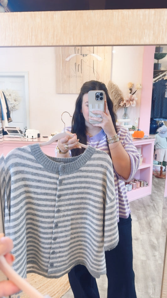 Major News Striped Half Sleeve Cardigan Sweater - Heather Grey
