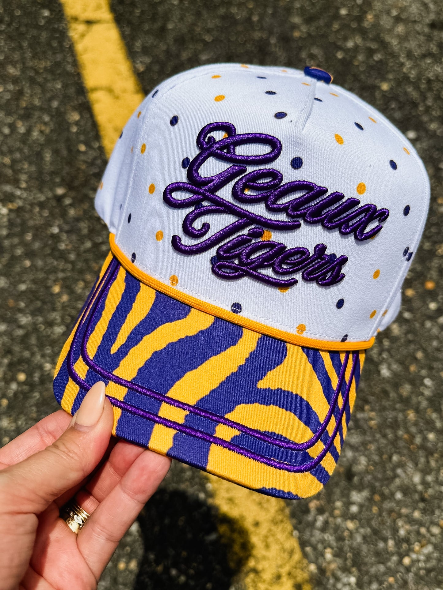 PRE-ORDER LSU Licensed Script Geaux Tigers Hat - Polka Dot/Tiger Print