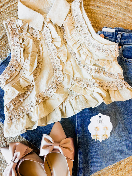 Mood Booster Short-Sleeved Ruffled Top - Beige