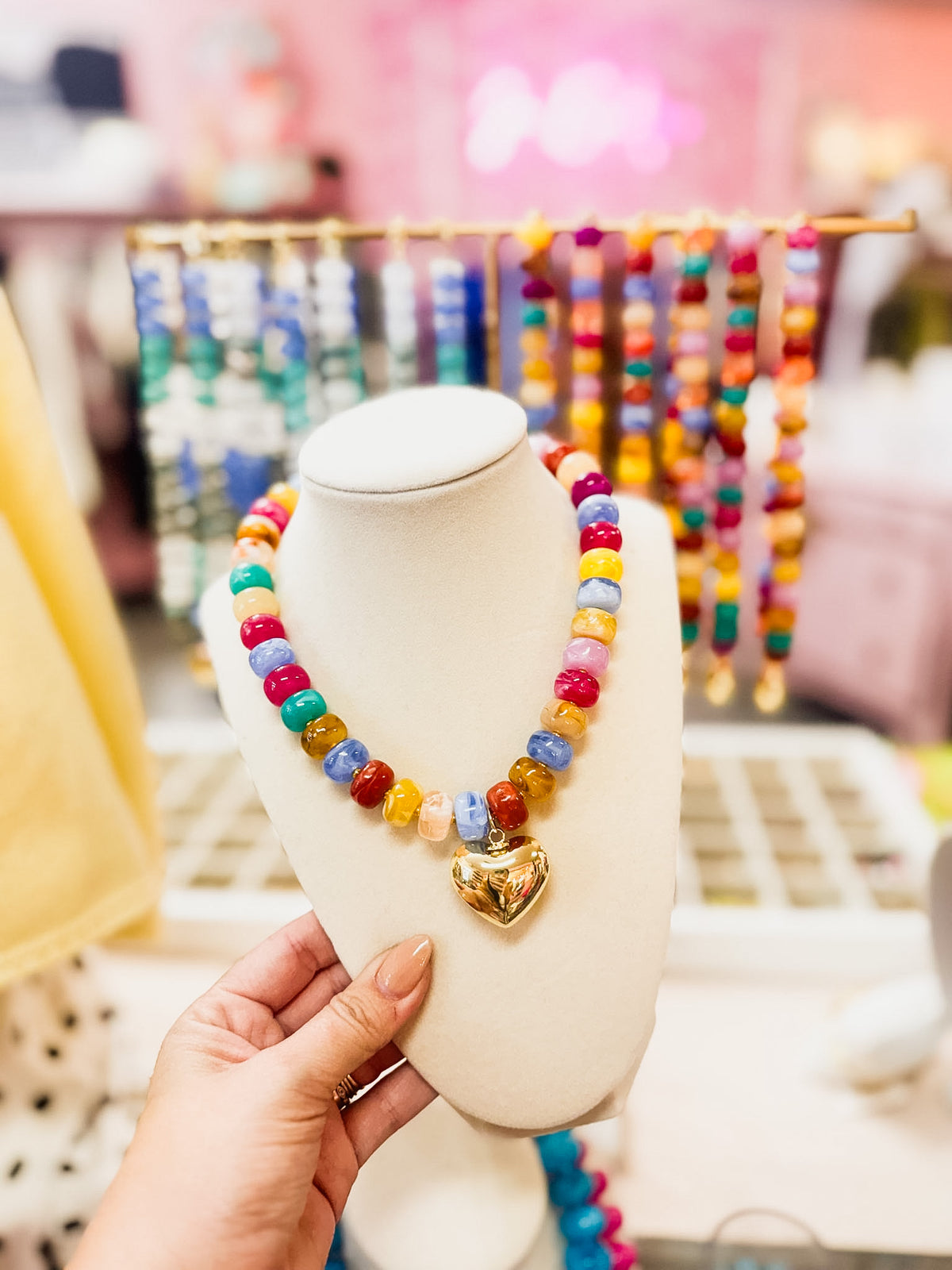 Flat Bead Heart Pendant Necklace - Multi