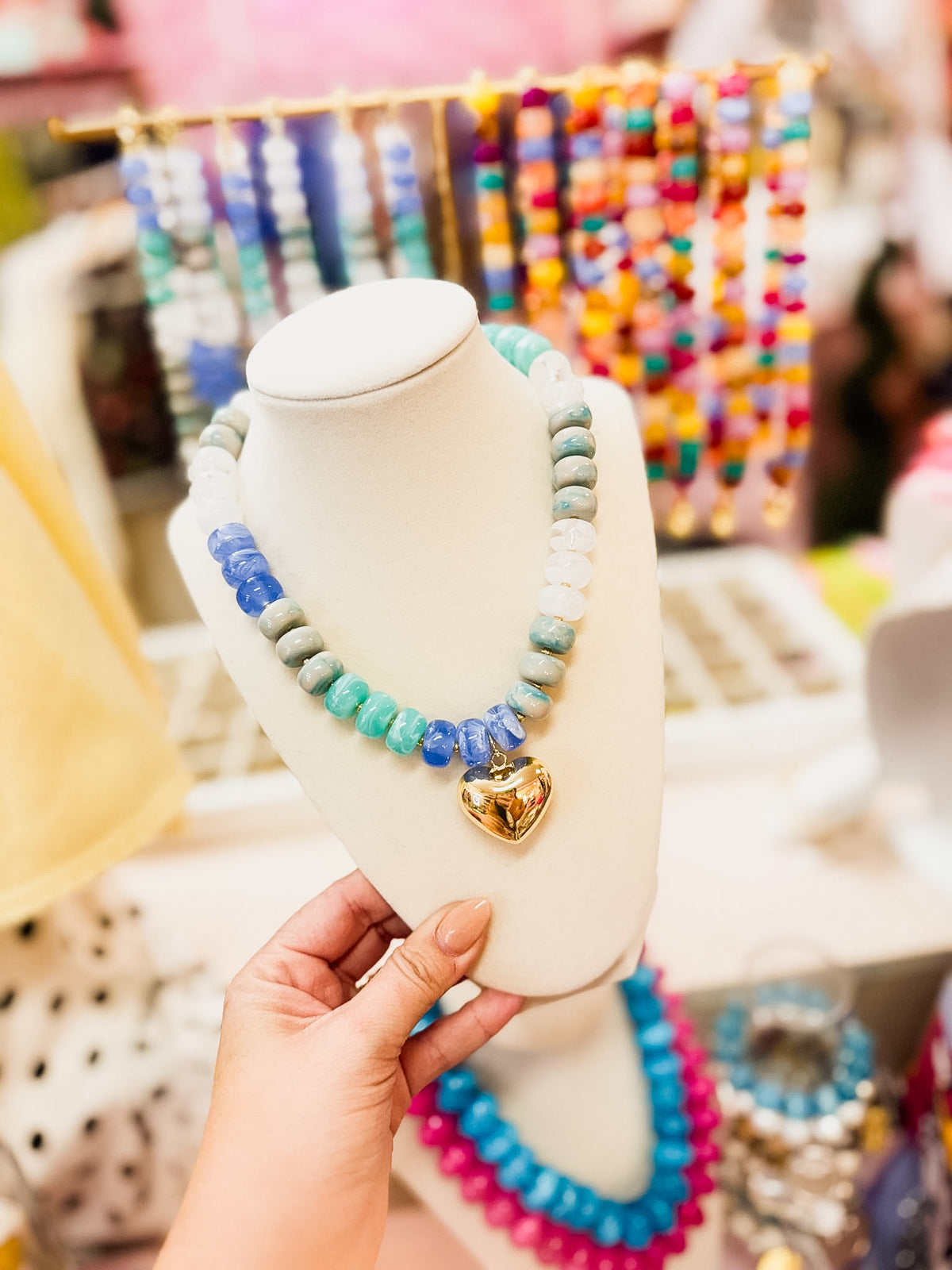 Flat Bead Heart Pendant Necklace - Blue Multi