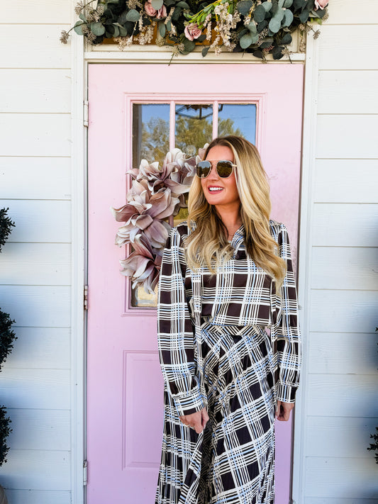 Whisper Wind Plaid Tie Neck Blouse - Brown/Blue