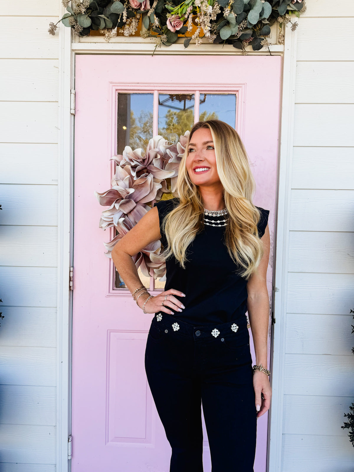 Midnight Wishes Embellished Neck Top — Black