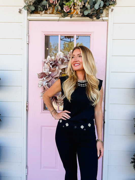 Midnight Wishes Embellished Neck Top — Black