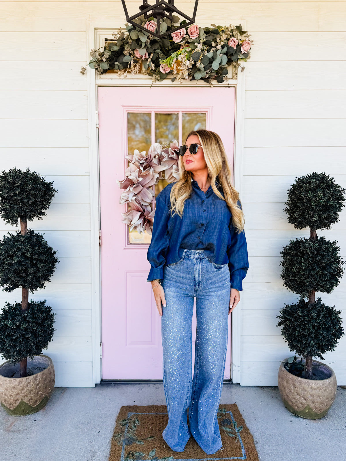 A Little Sparkle Embellished Collar Top — Denim