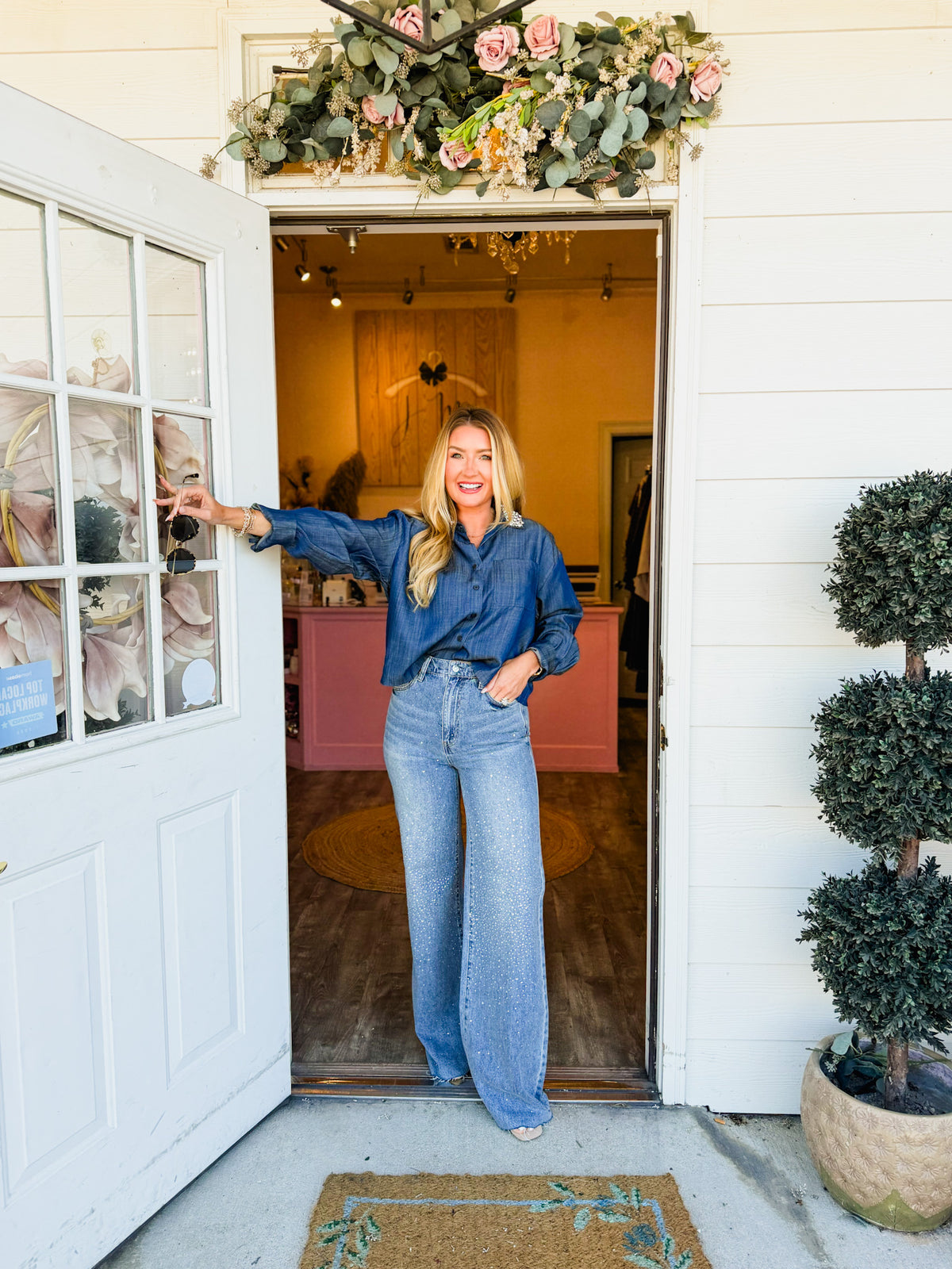 A Little Sparkle Embellished Collar Top — Denim