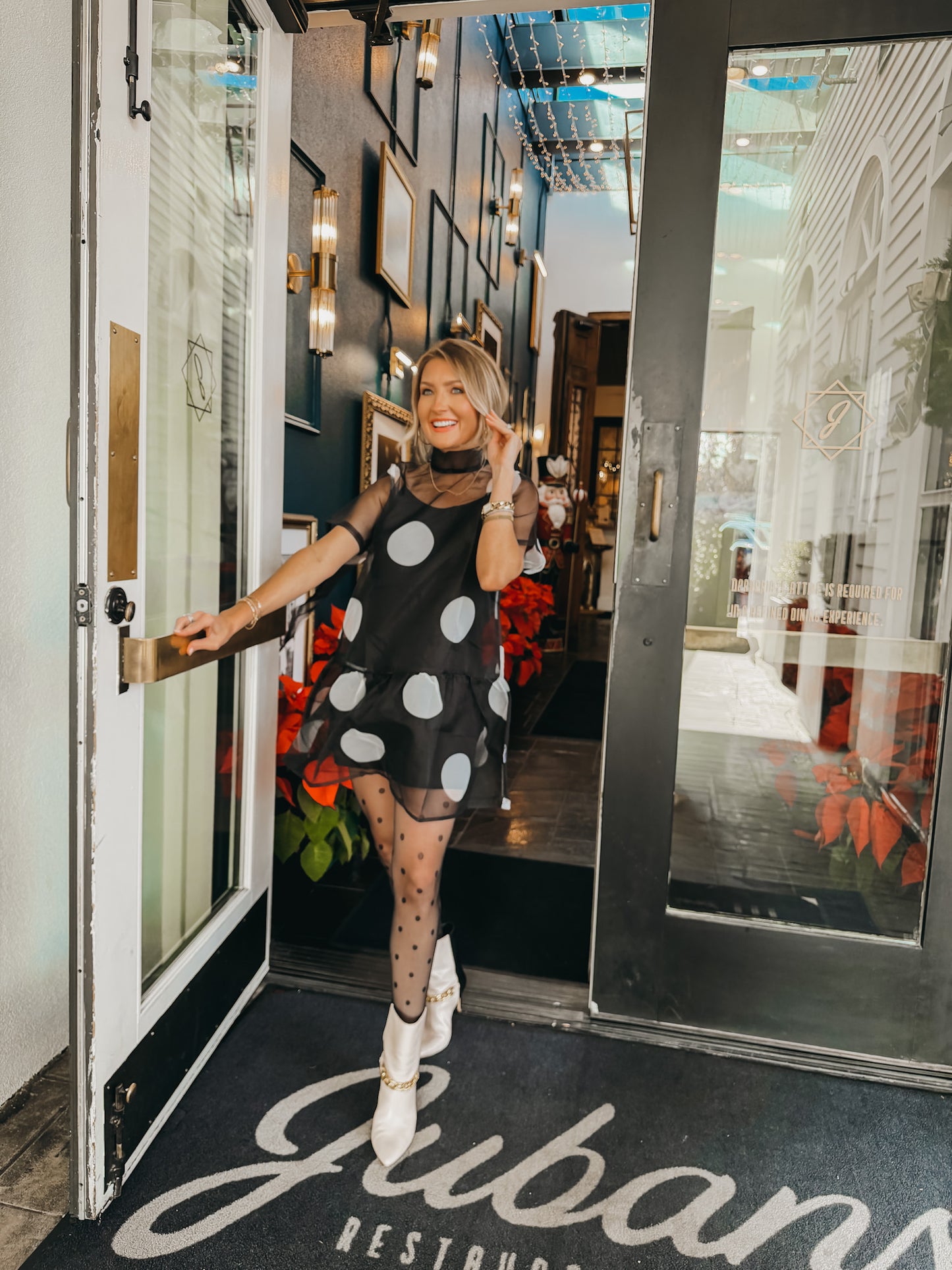 Flirty Fun Sheer Polka Dot High Neckline Bow Tie Dress - Black