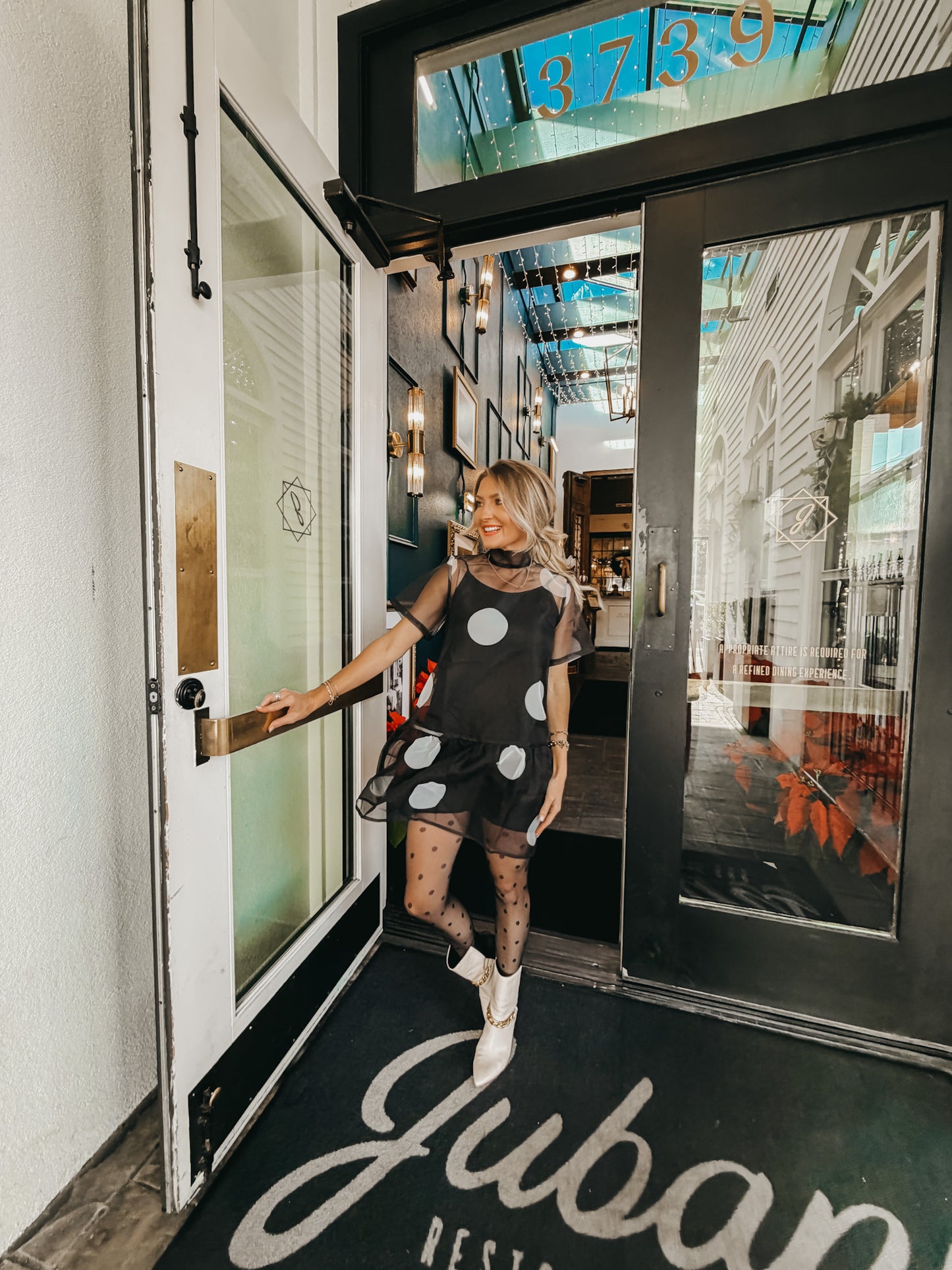 Flirty Fun Sheer Polka Dot High Neckline Bow Tie Dress - Black