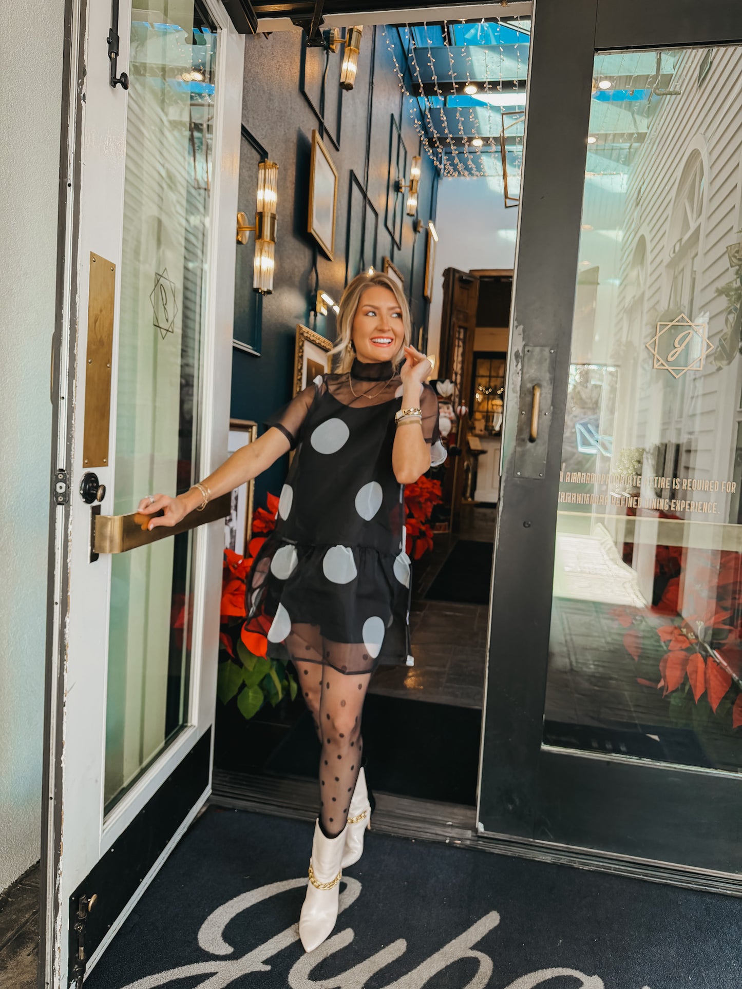 Flirty Fun Sheer Polka Dot High Neckline Bow Tie Dress - Black