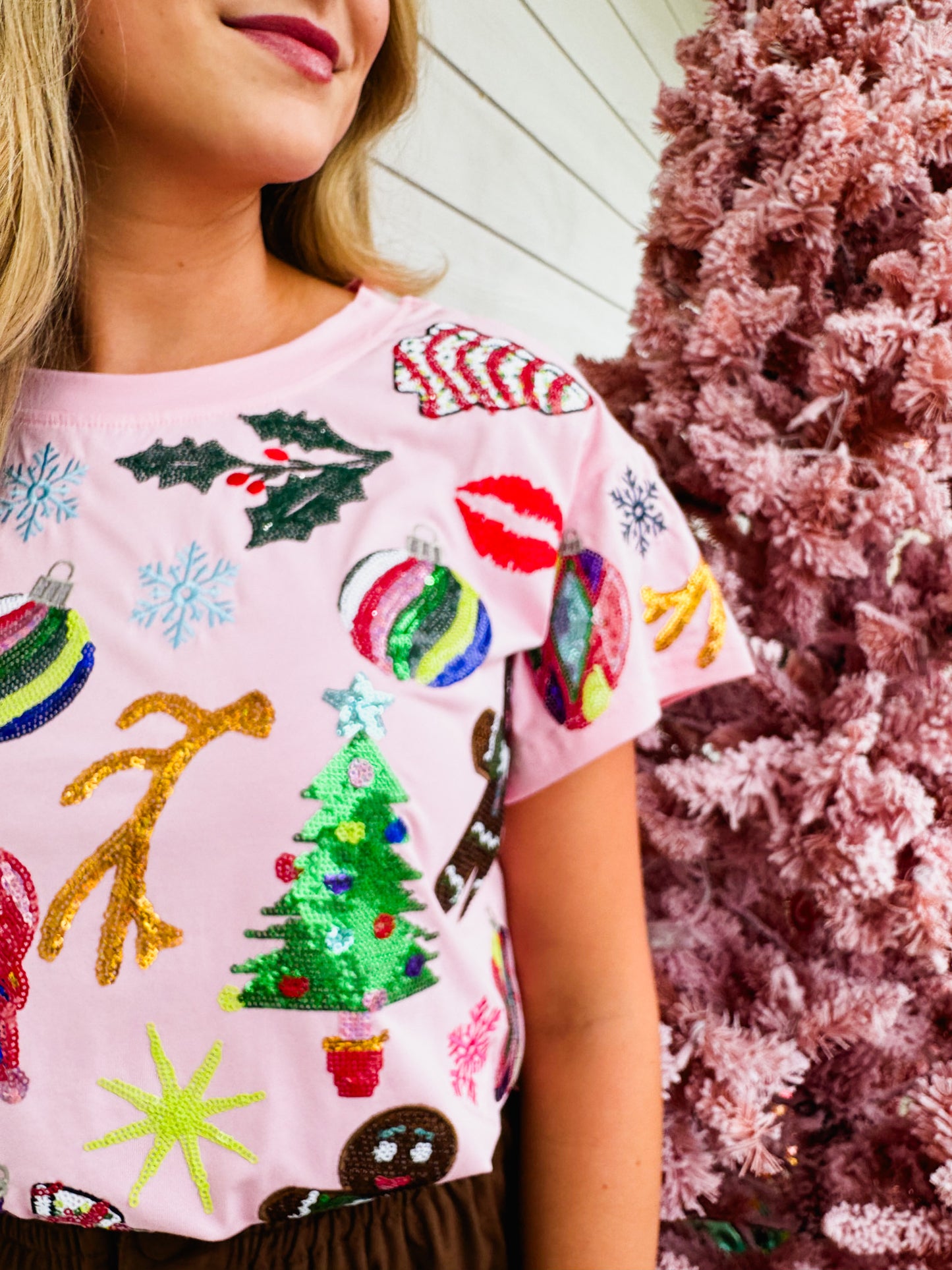 Queen Of Sparkles Light Pink Christmas Icons Tee