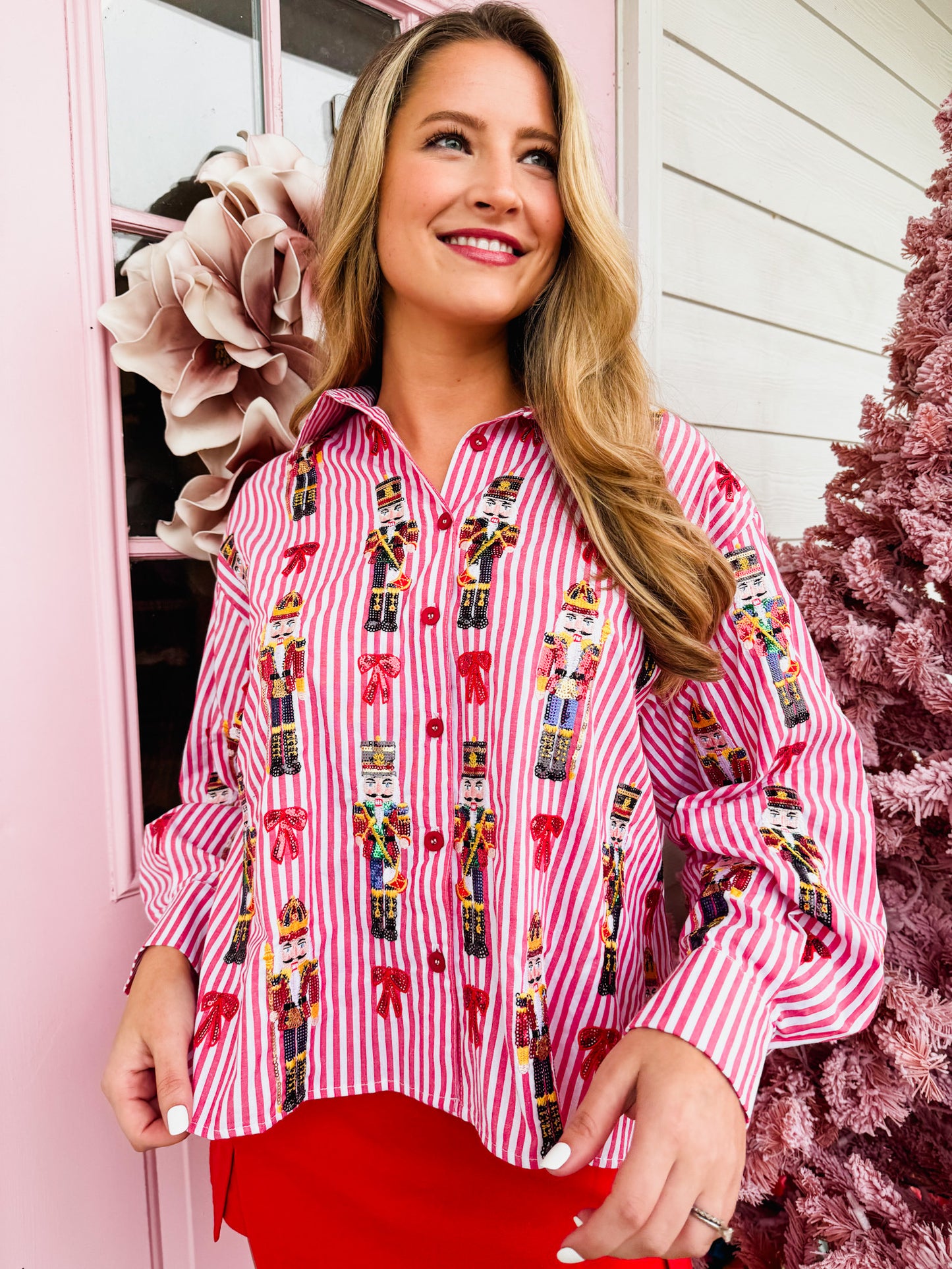 Queen Of Sparkles Red Stripe Scattered Nutcracker & Bow Cotton Button Up Top