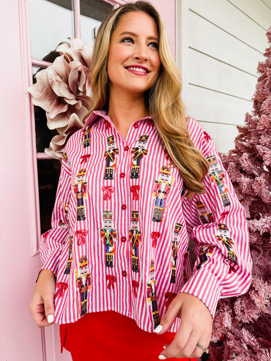Queen Of Sparkles Red Stripe Scattered Nutcracker & Bow Cotton Button Up Top