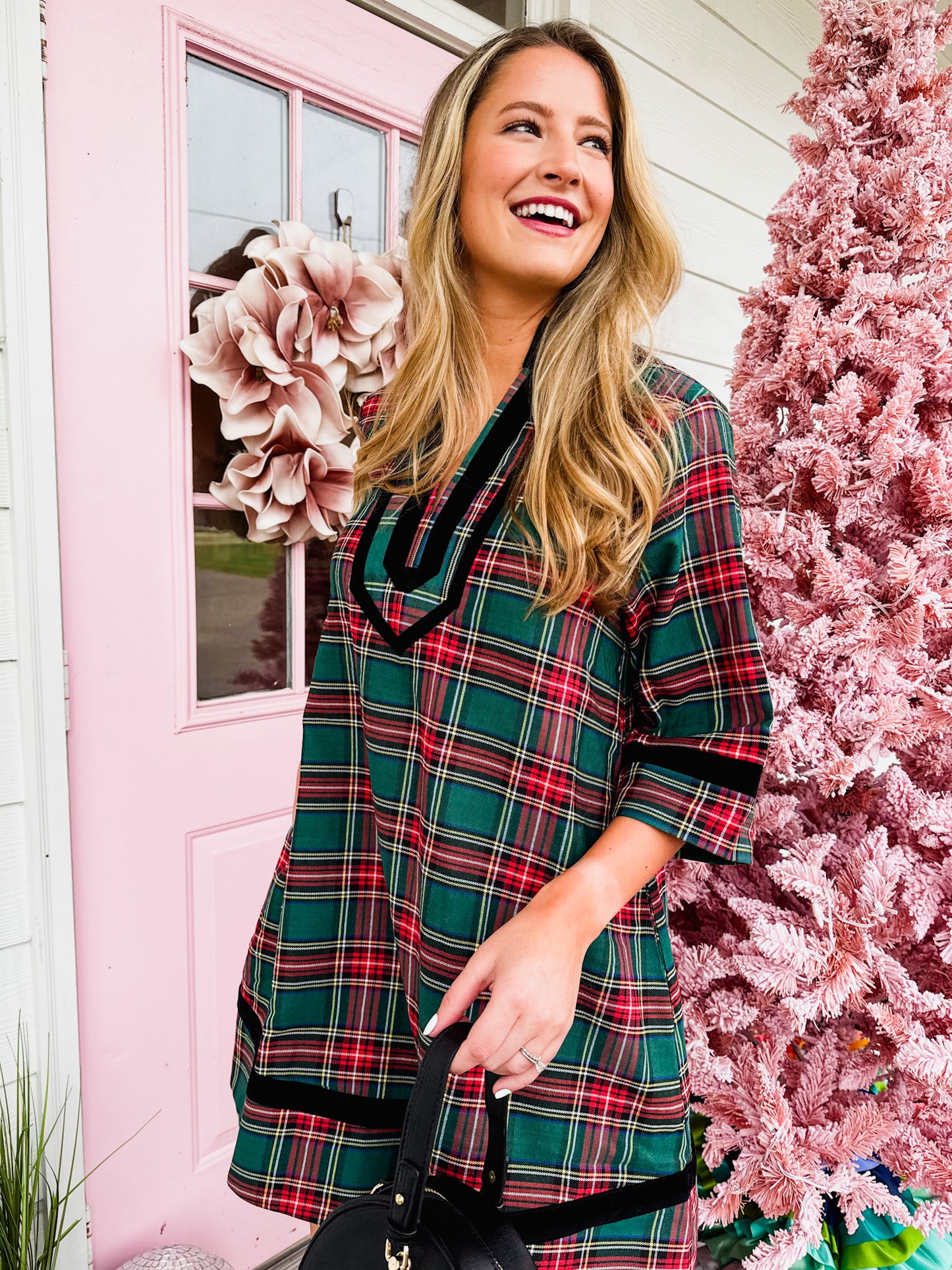 Spirits High Plaid 3/4 Sleeve Dress - Green