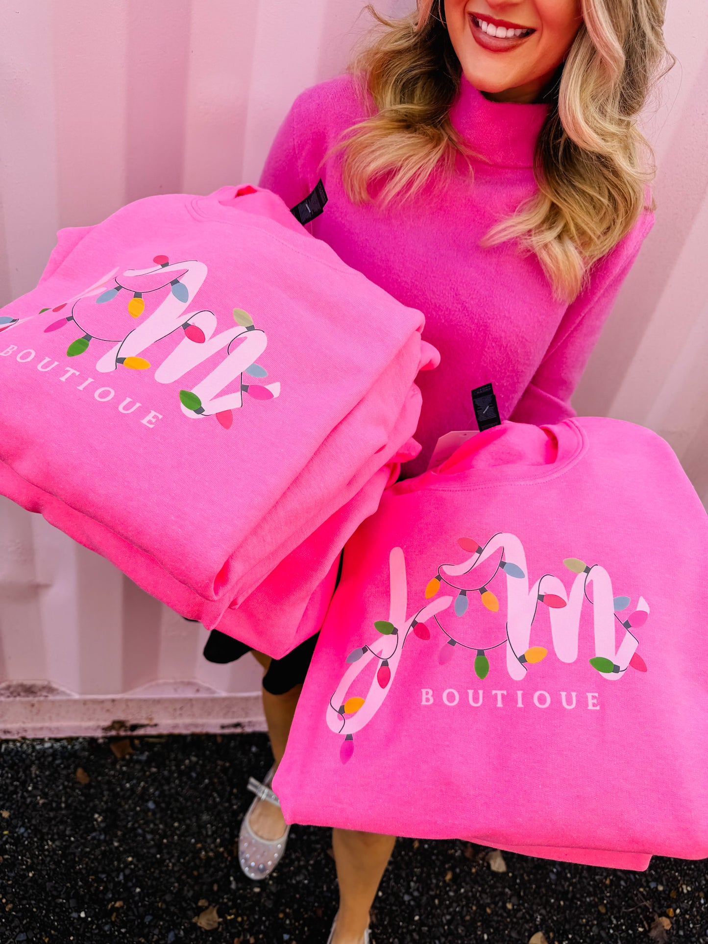 DAY 7 - JM Christmas Lights Sweatshirt - Safety Pink