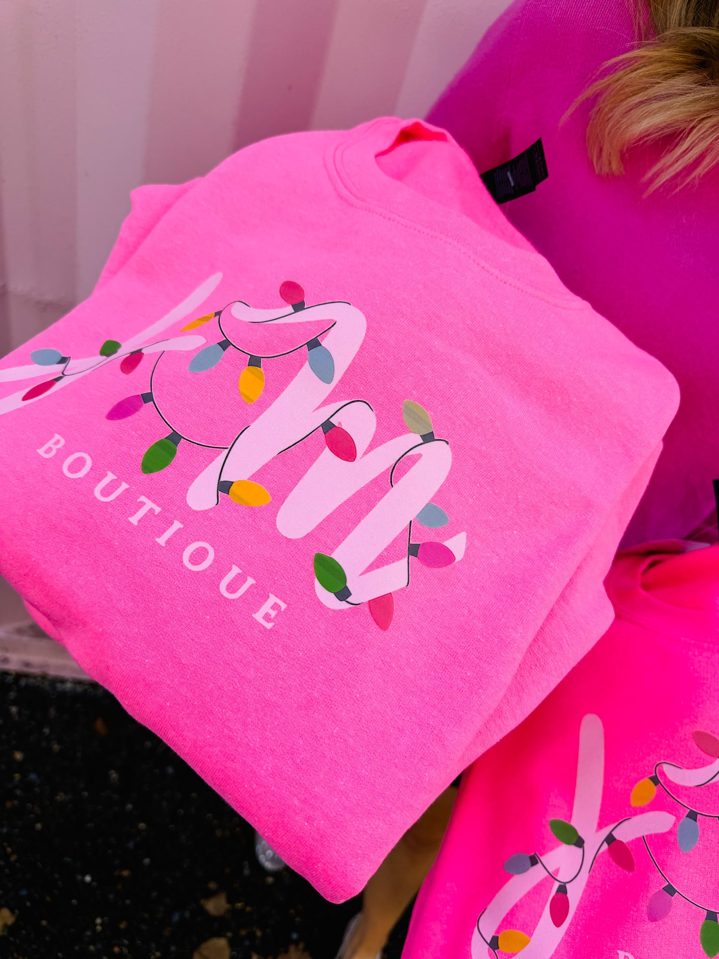 DAY 7 - JM Christmas Lights Sweatshirt - Safety Pink