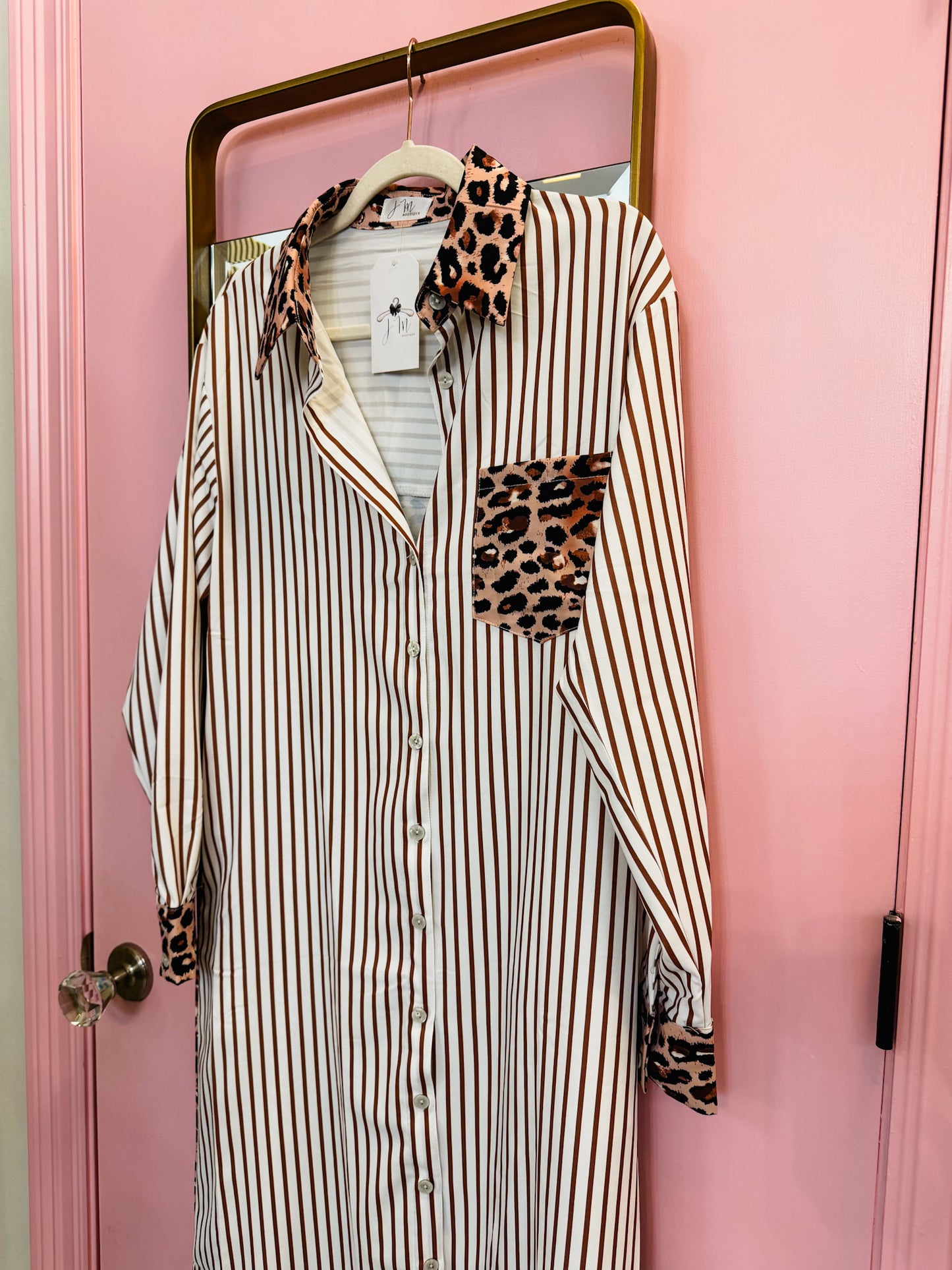 Stripe Contrast Leopard Patchwork Long Shirt Dress - Brown