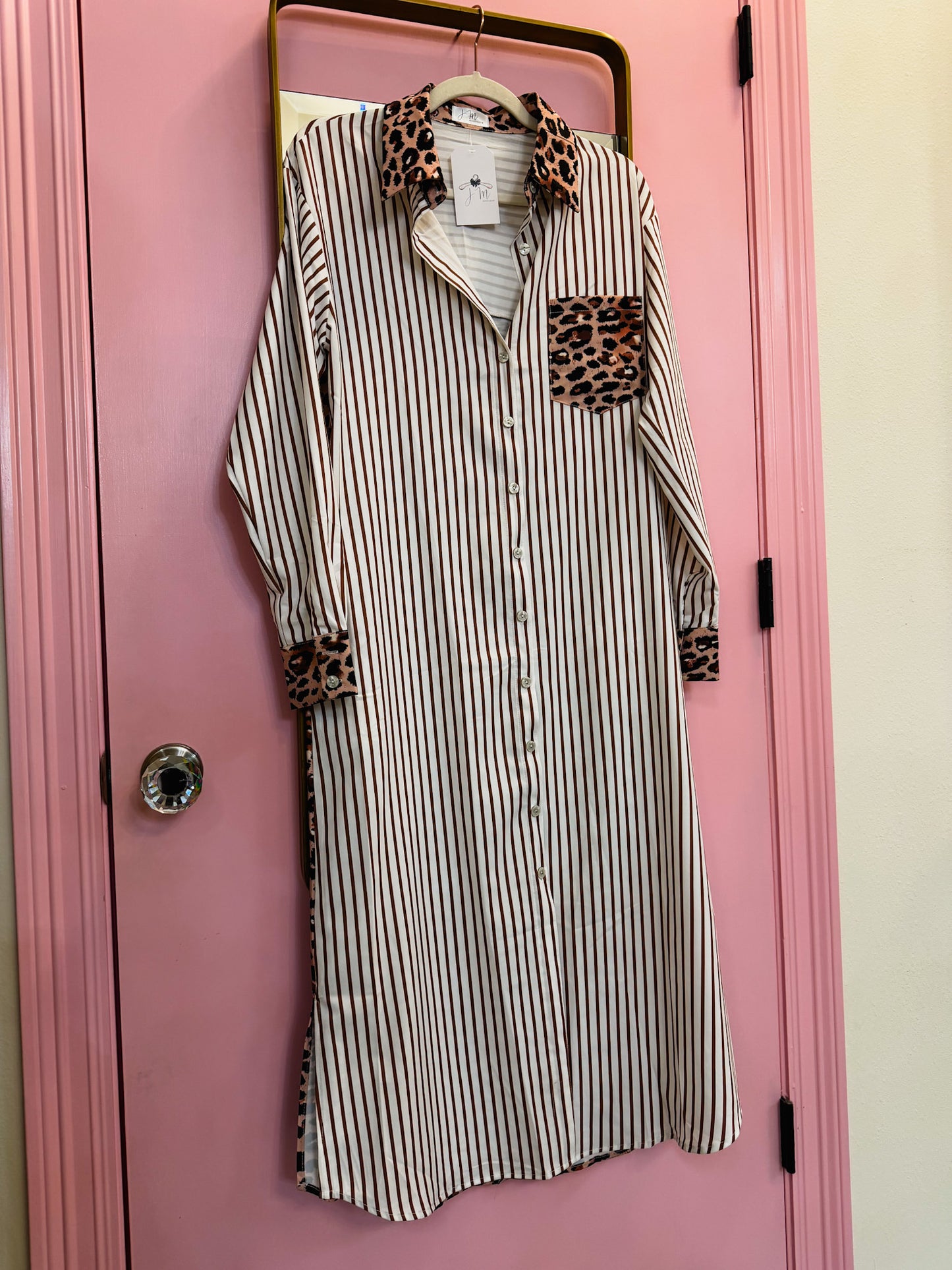 Stripe Contrast Leopard Patchwork Long Shirt Dress - Brown