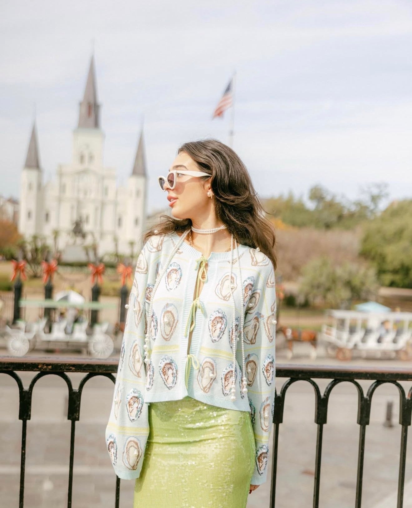 Queen Of Sparkles Pale Blue & Green Oyster Tie Up Sweater