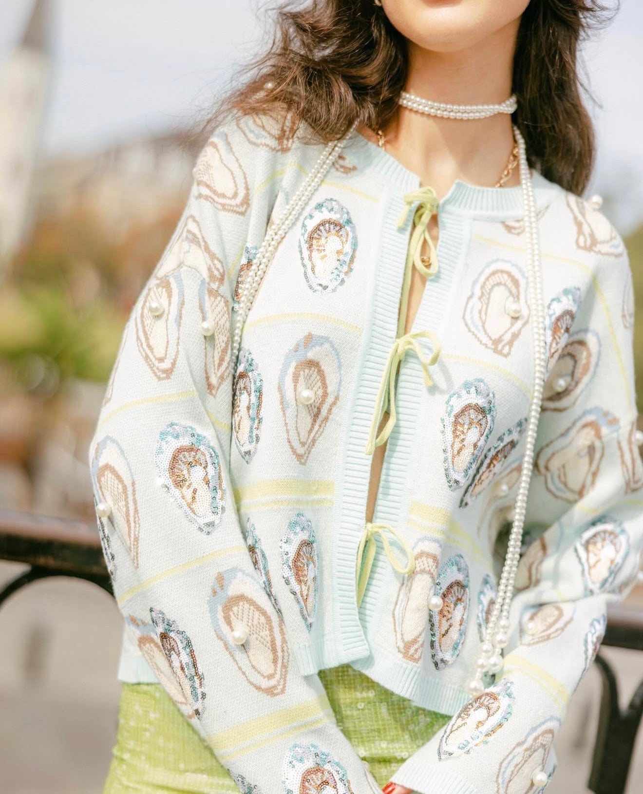 Queen Of Sparkles Pale Blue & Green Oyster Tie Up Sweater