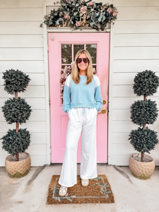 Polka Dot Patchwork Colorblock Long Sleeve Pants Set - Light Blue