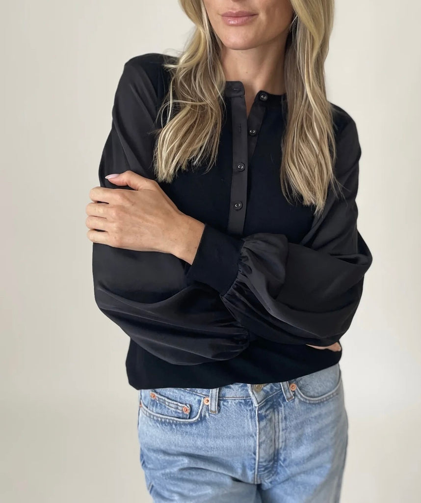 Janie Ribbed Satin Sleeve Top - Black