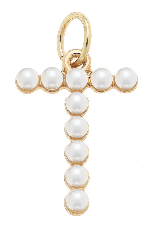 Pearl-Studded Letter "T" Charm in Ivory