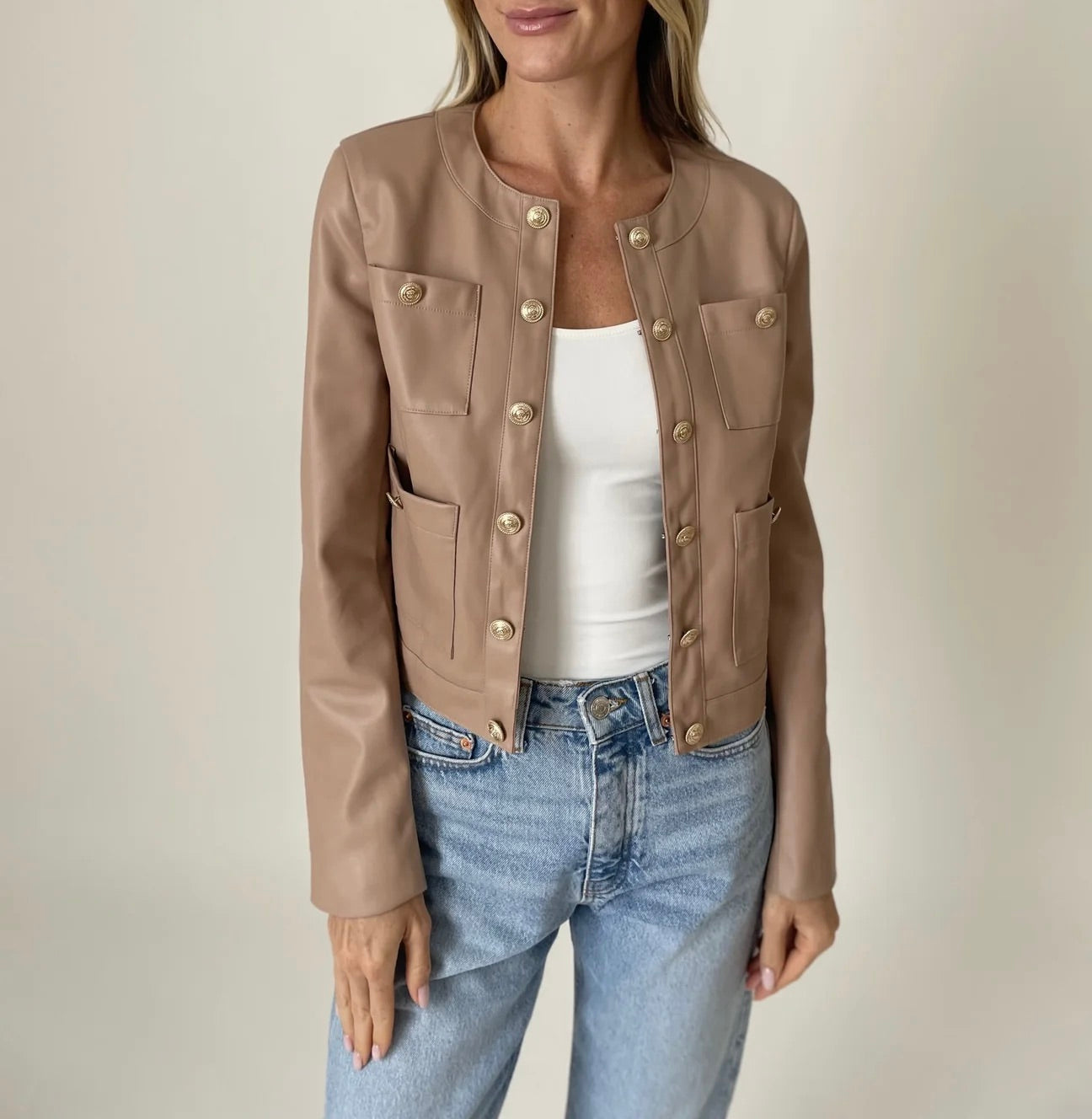 Blair Faux Leather Button Detail Blazer