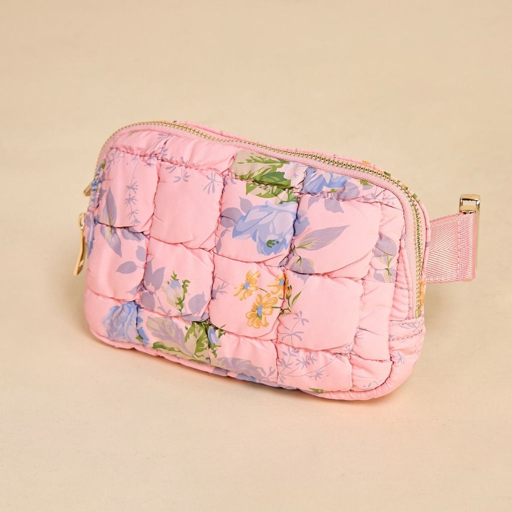 Pink Floral Quilted Crossbody Belt Bag
