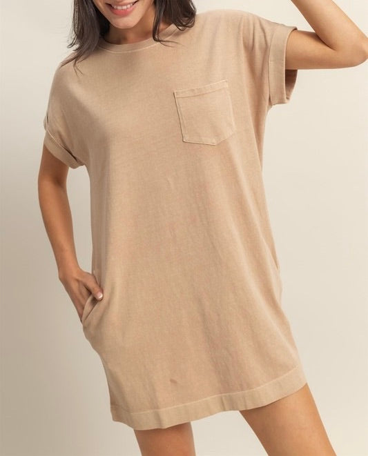 Unstoppable Front Pocket T-Shirt Dress - Taupe