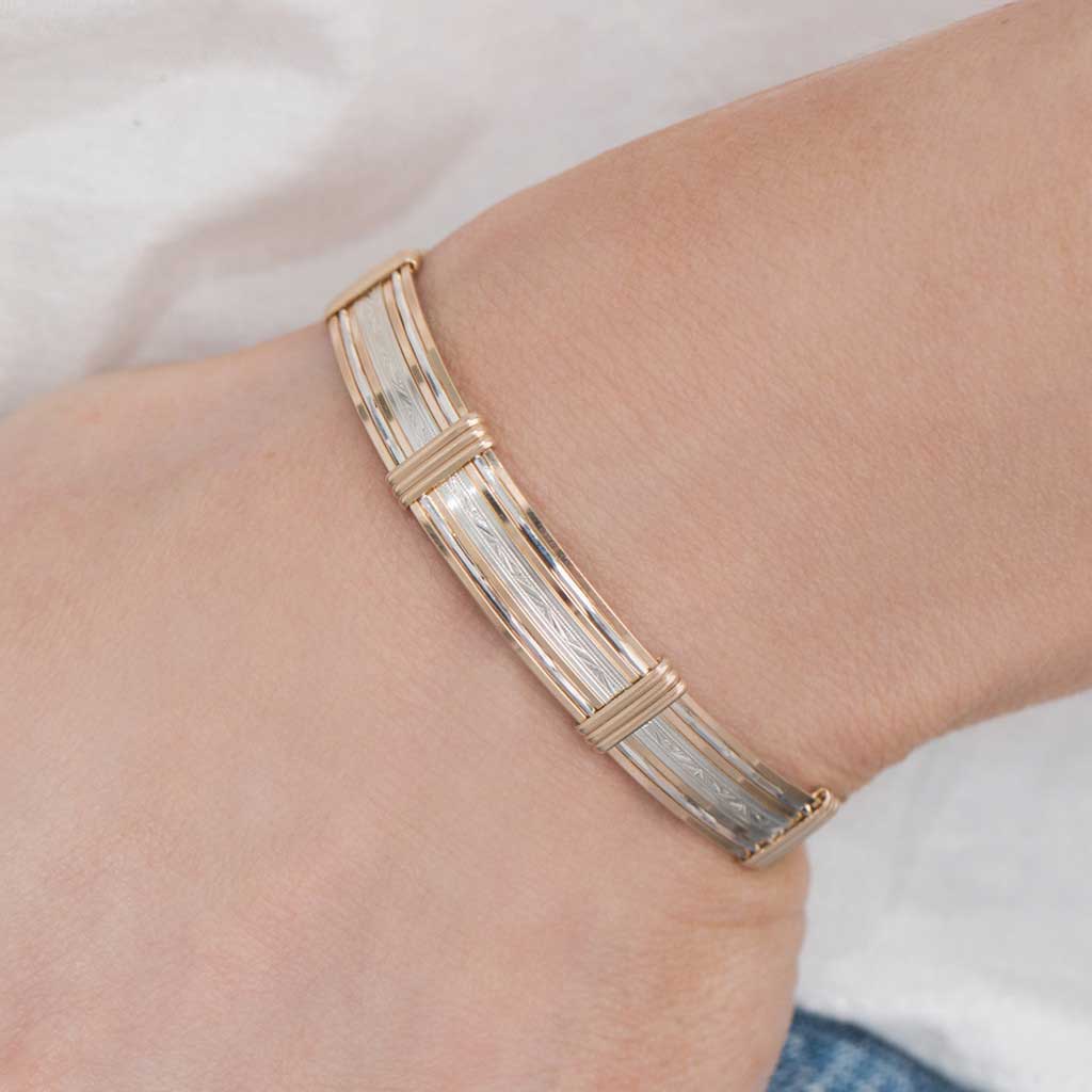 Inner Beauty Bracelet (Wide) - Sterling Silver Bar with 14K Gold Artist Wire