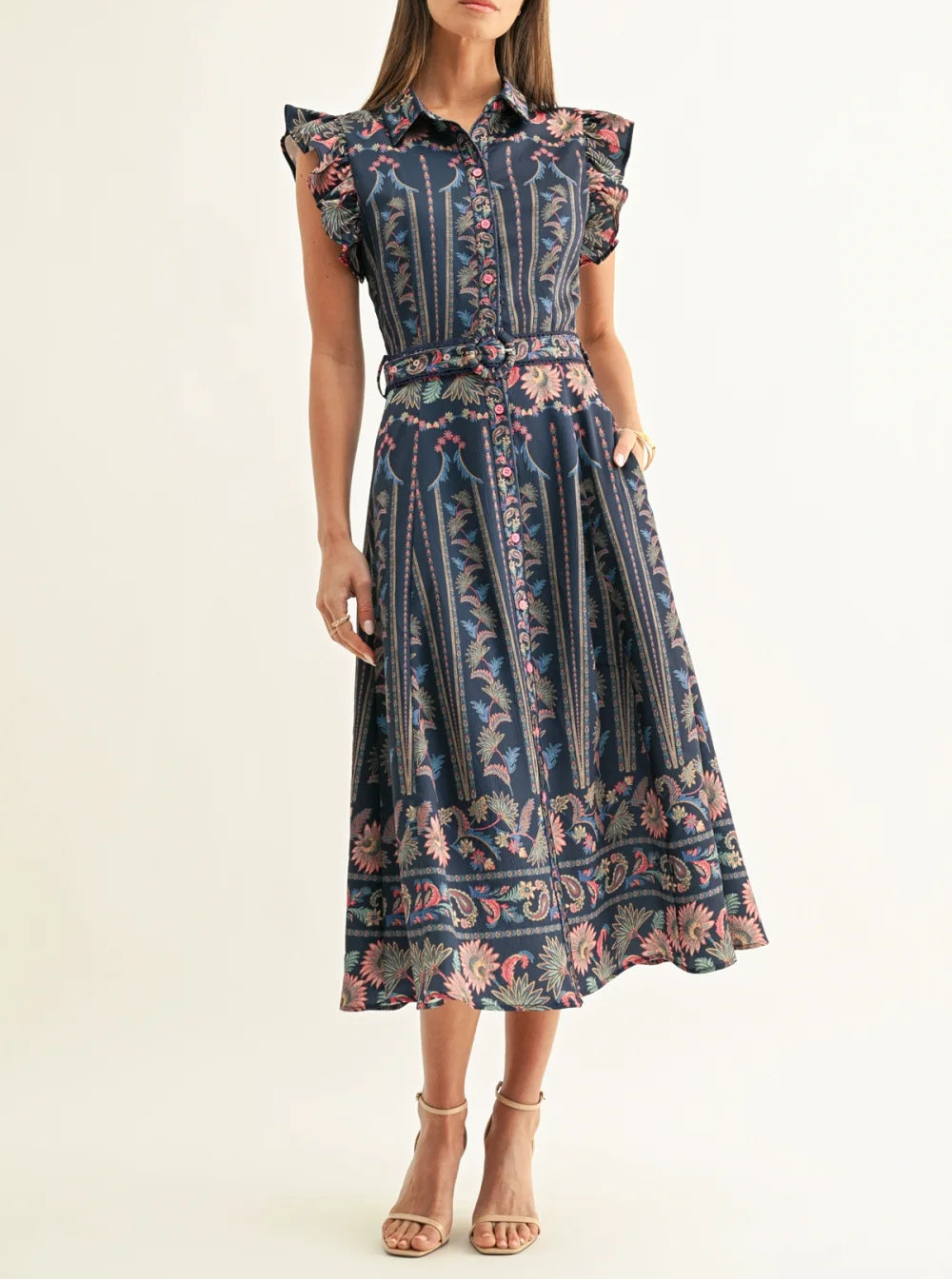 Karly Ruffled Sleeves Shirt Midi Dress - Navy Multi
