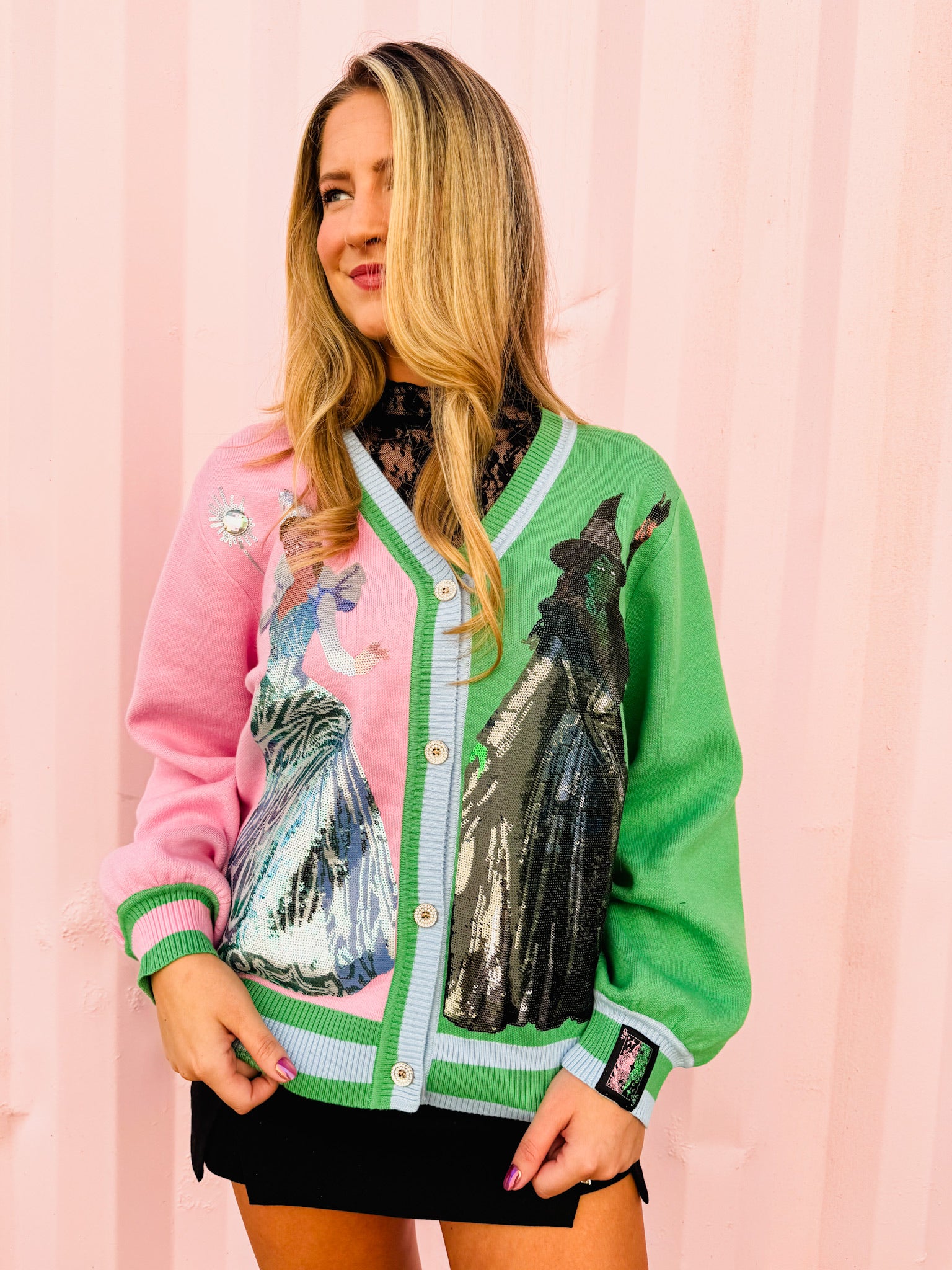 Licensed Wicked x Queen Of Sparkles Colorblock Glinda & Elphaba Button Up Cardigan
