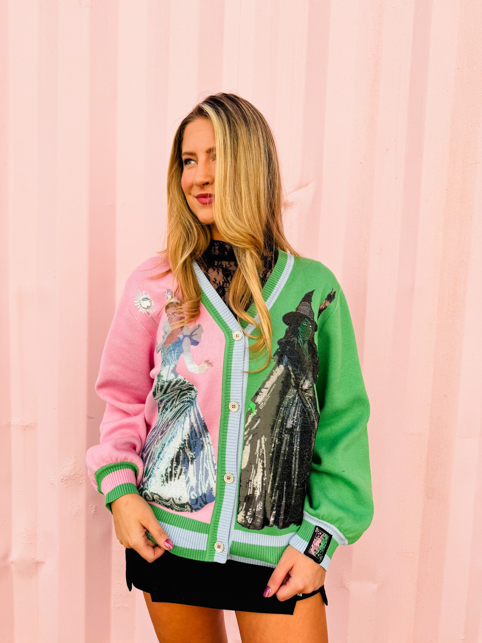 Licensed Wicked x Queen Of Sparkles Colorblock Glinda & Elphaba Button Up Cardigan