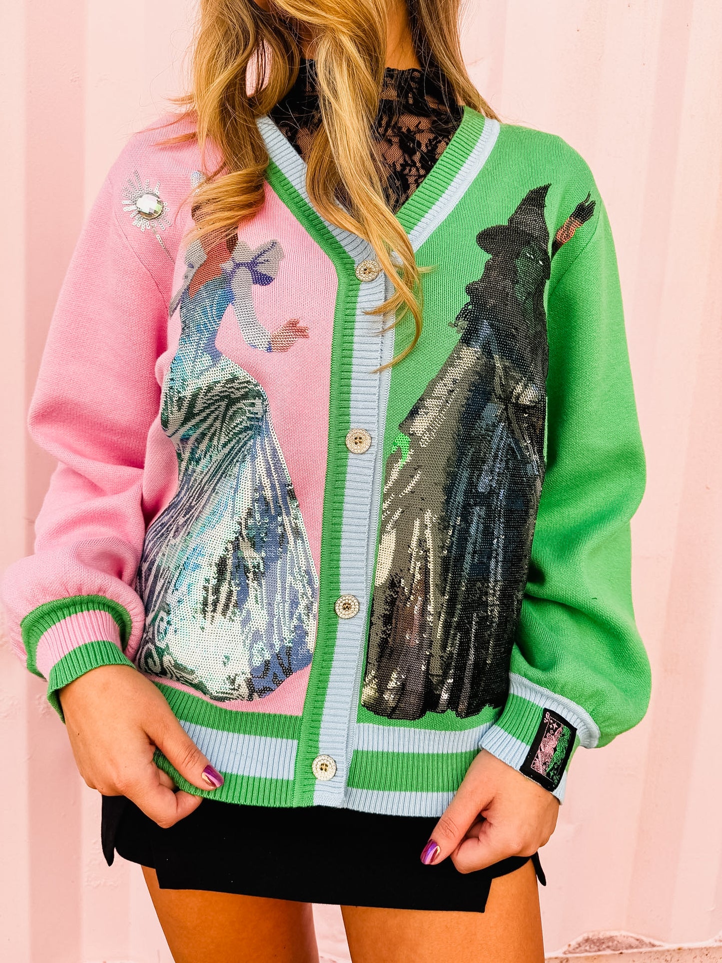 Licensed Wicked x Queen Of Sparkles Colorblock Glinda & Elphaba Button Up Cardigan