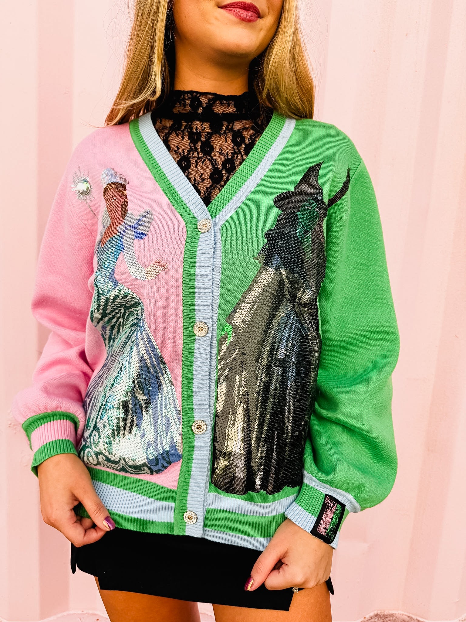 Licensed Wicked x Queen Of Sparkles Colorblock Glinda & Elphaba Button Up Cardigan