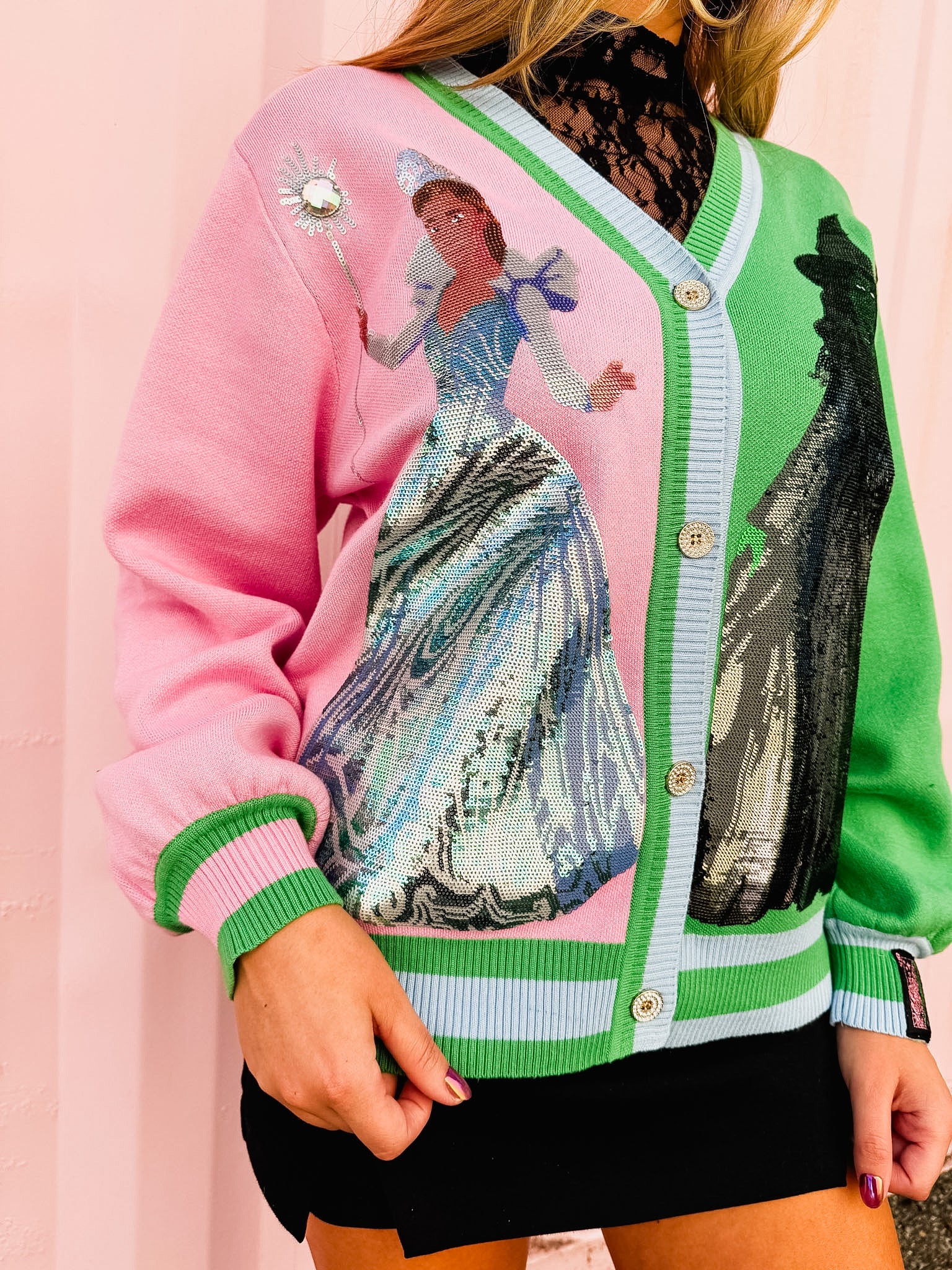Licensed Wicked x Queen Of Sparkles Colorblock Glinda & Elphaba Button Up Cardigan