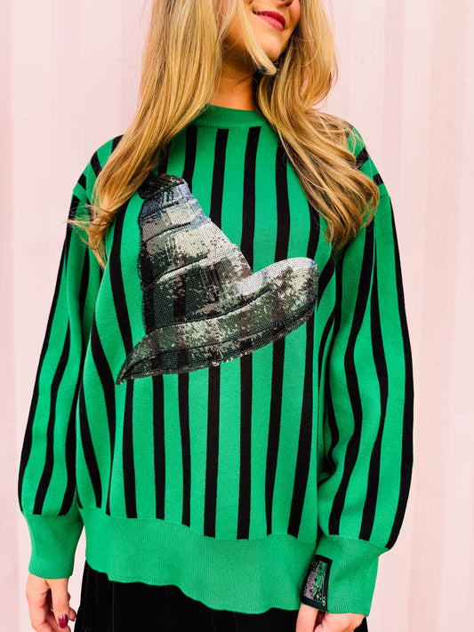 Licensed Wicked x Queen Of Sparkles Green & Black Striped Elphaba Hat Sweater