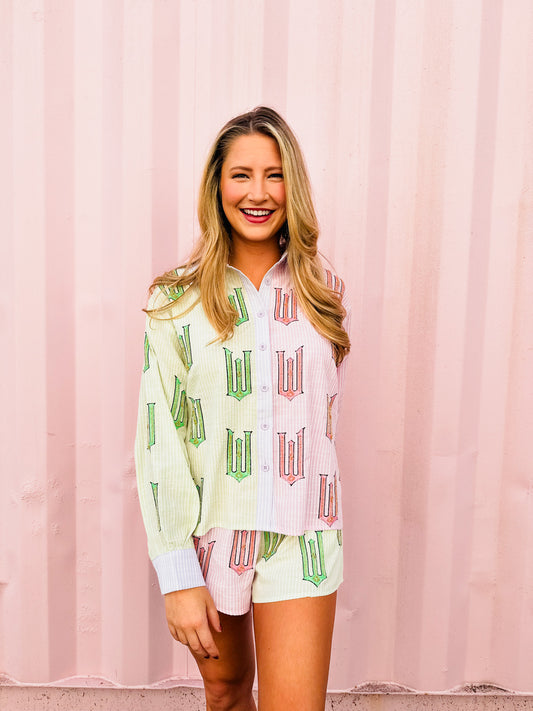 Licensed Wicked x Queen Of Sparkles Green, Pink & Lavender Wicked Cotton Button Down Top