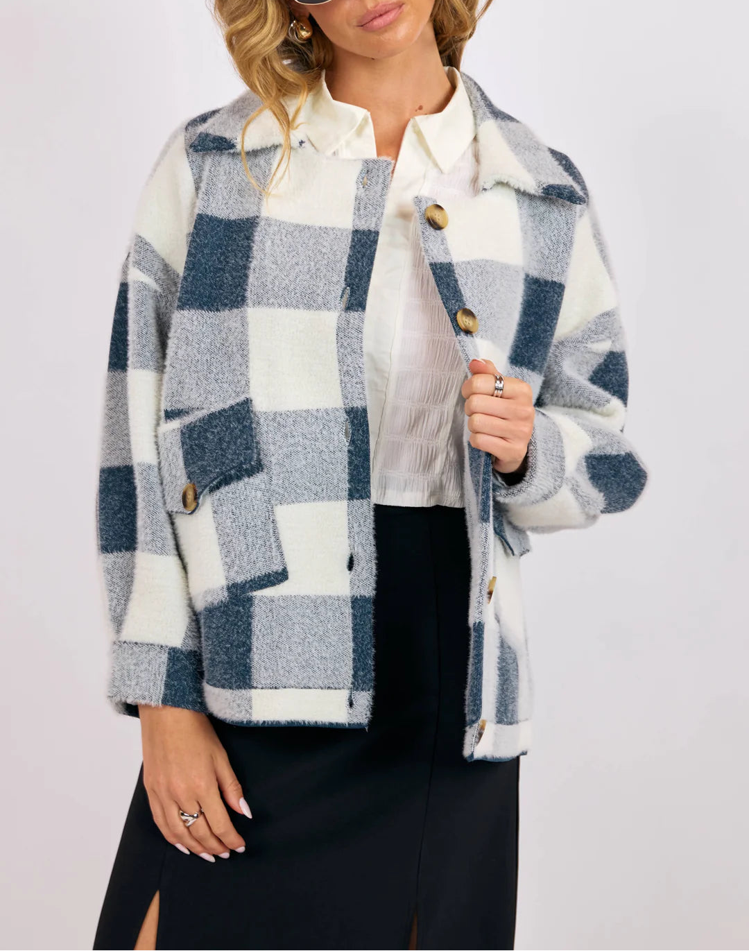 Lola Buffalo Plaid Sweater Jacket - Ivory Navy