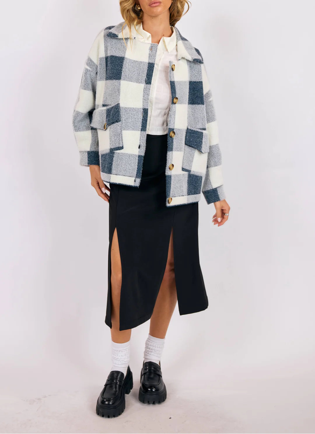 Lola Buffalo Plaid Sweater Jacket - Ivory Navy
