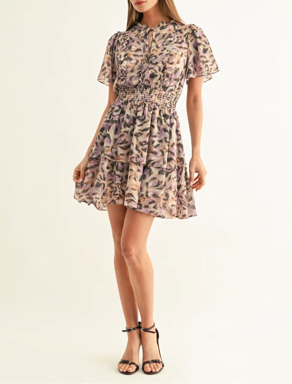 Lorena Flutter Sleeves Tiered Mini Dress - Lavender/Black