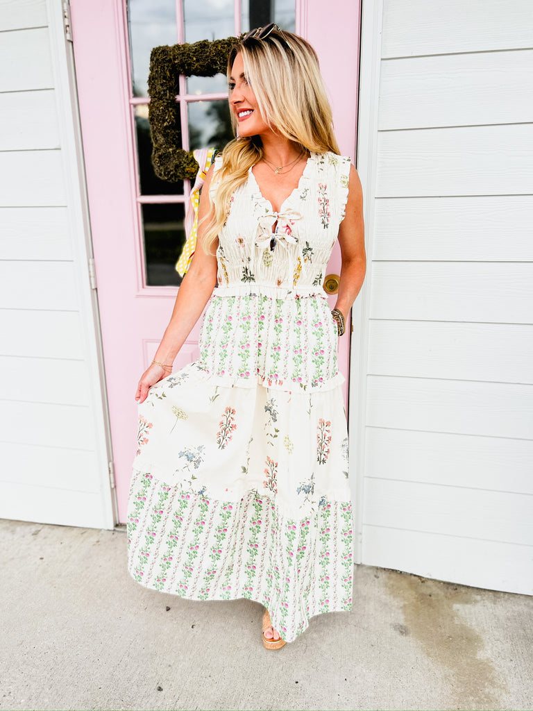 Let's Brunch Multi-Floral Ruffled Tier Midi Dress - Cream
