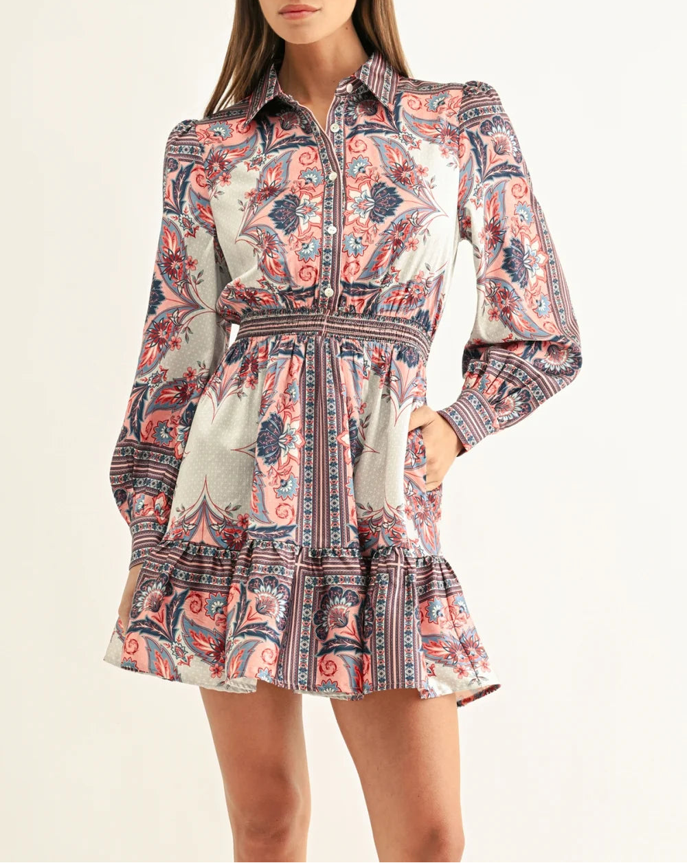 Peyton Long Sleeve Smocked Shirt Dress - Coral Multi