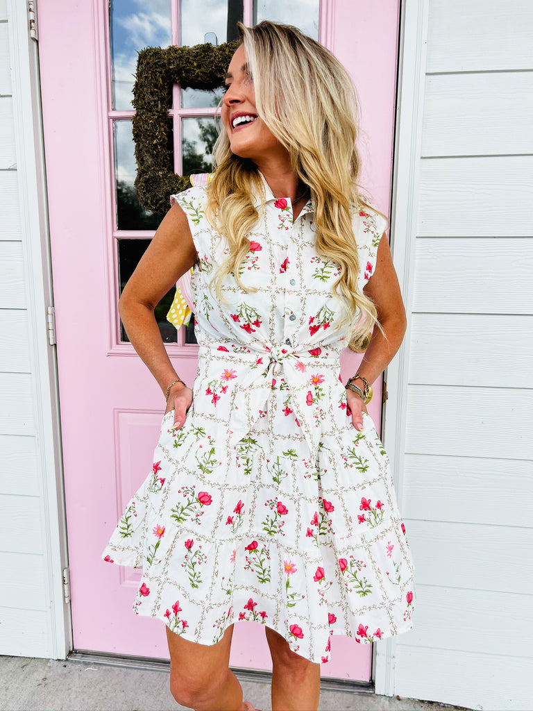Picking Flowers Sleeveless Front Tie Dress - Cream